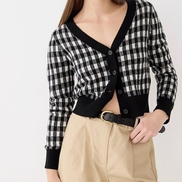 J. Crew Featherweight Cashmere Black and White Gingham Women's Cardigan Size Med - Picture 1 of 7